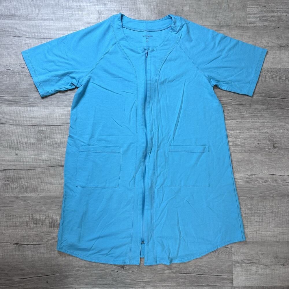 Dreams & Co. Women's Large (18/20) Blue Short French Terry Zip-Front Robe